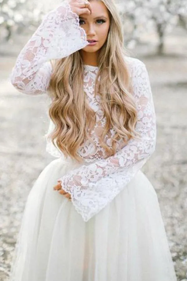 Two Piece Lace Top Long Sleeves Homecoming Dresses, Short Prom Dress, MH531