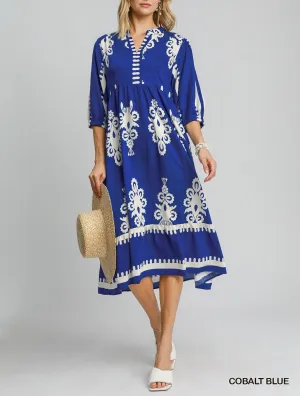 Two Tone Abstract Print V Neck Dress