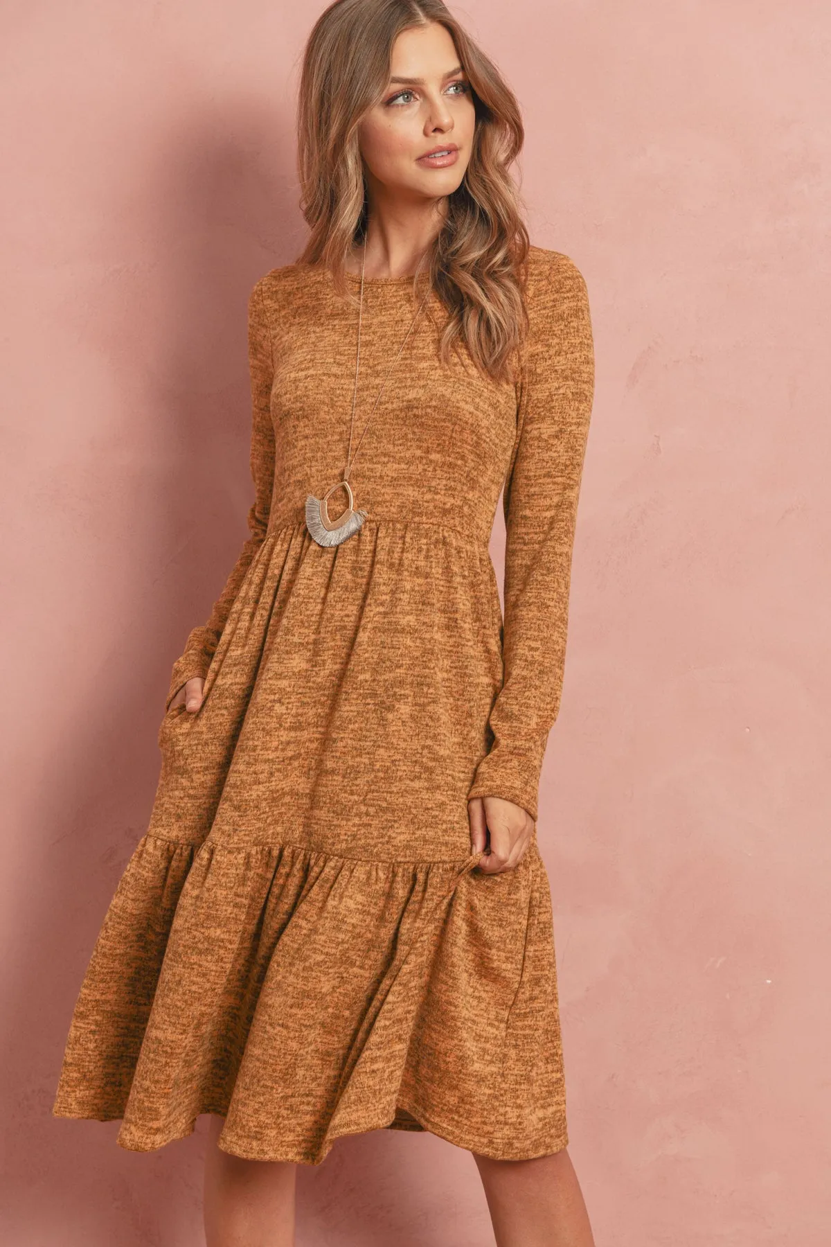 Two Tone Brushed Hacci Tiered Pocket Dress