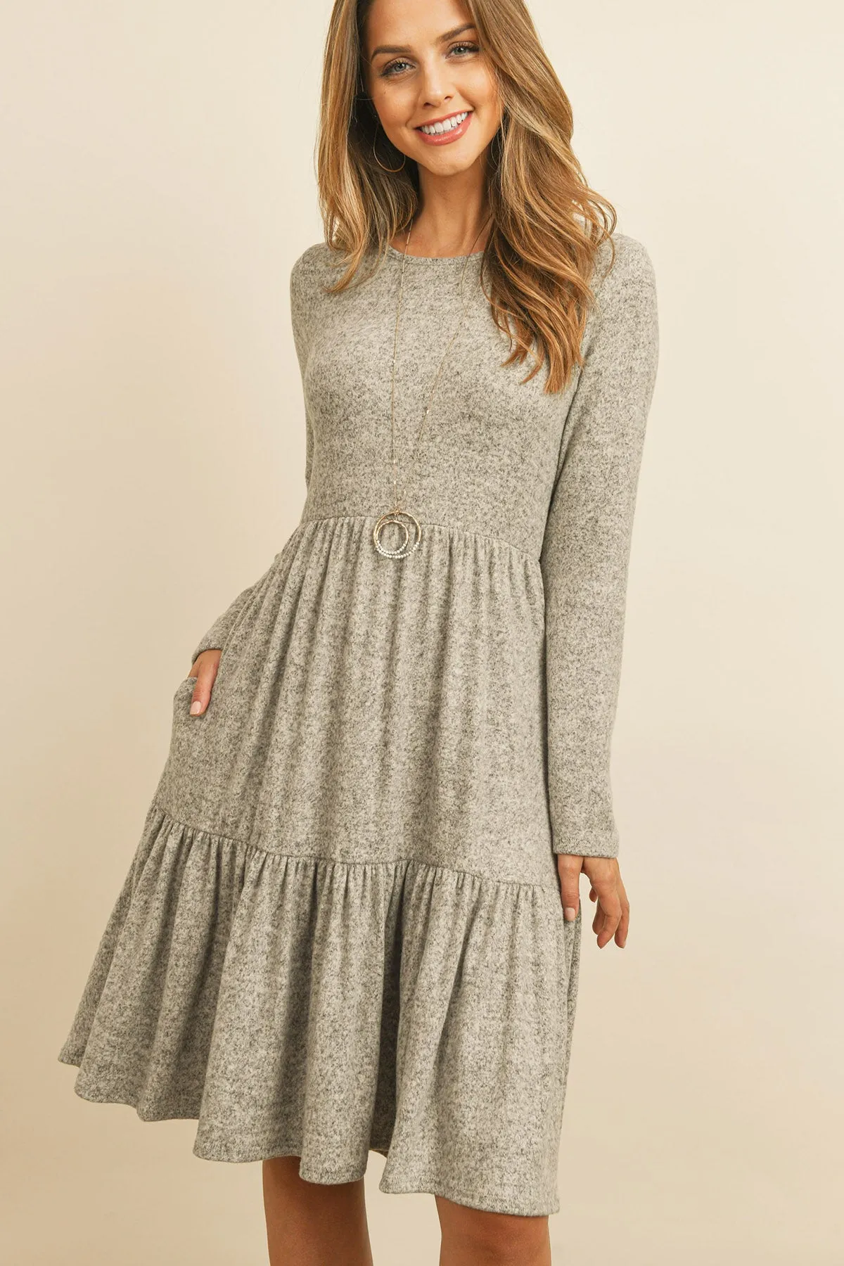 Two Tone Brushed Hacci Tiered Pocket Dress