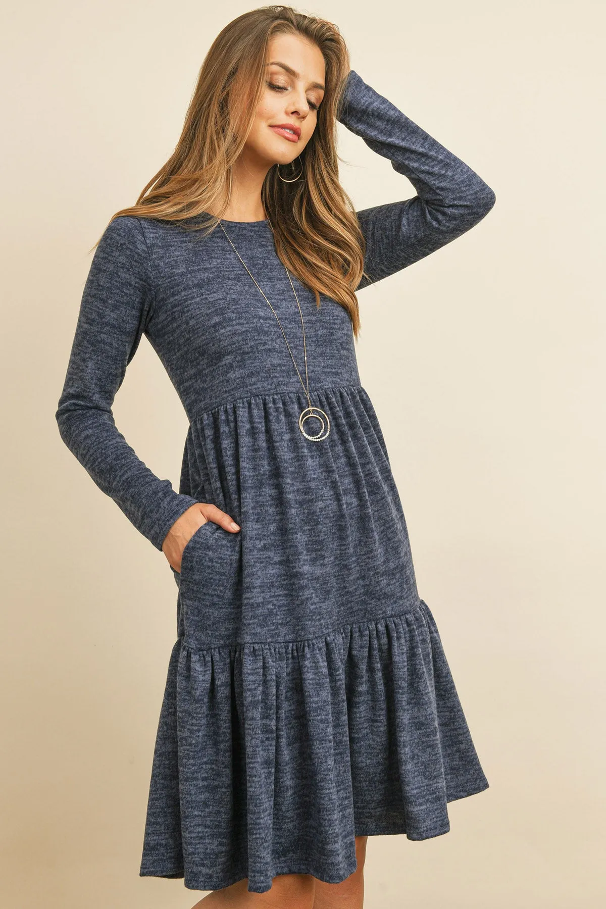 Two Tone Brushed Hacci Tiered Pocket Dress
