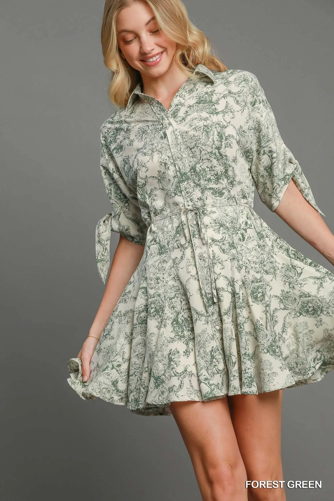 Two Tone Landscape Print Button Down Mini Dress with Piping Details & Belt Front Tie By Umgee