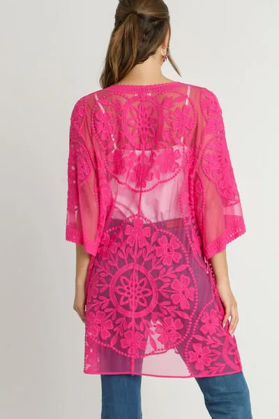 Umgee Full Size Floral Lace Open Front Kimono Sleevee Cover Up with Waist Tie Plus Size
