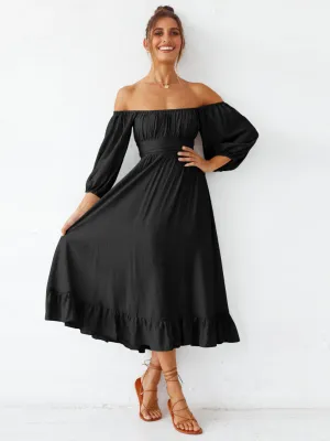 Under The Tuscan Back Tie Bow Puff Sleeve Mid Dress - Black