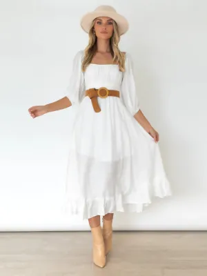 Under The Tuscan Back Tie Bow Puff Sleeve Mid Dress - White