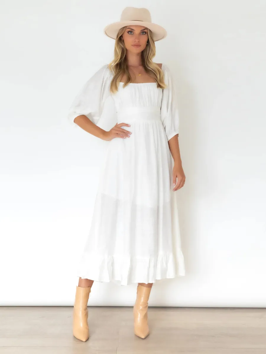 Under The Tuscan Back Tie Bow Puff Sleeve Mid Dress - White