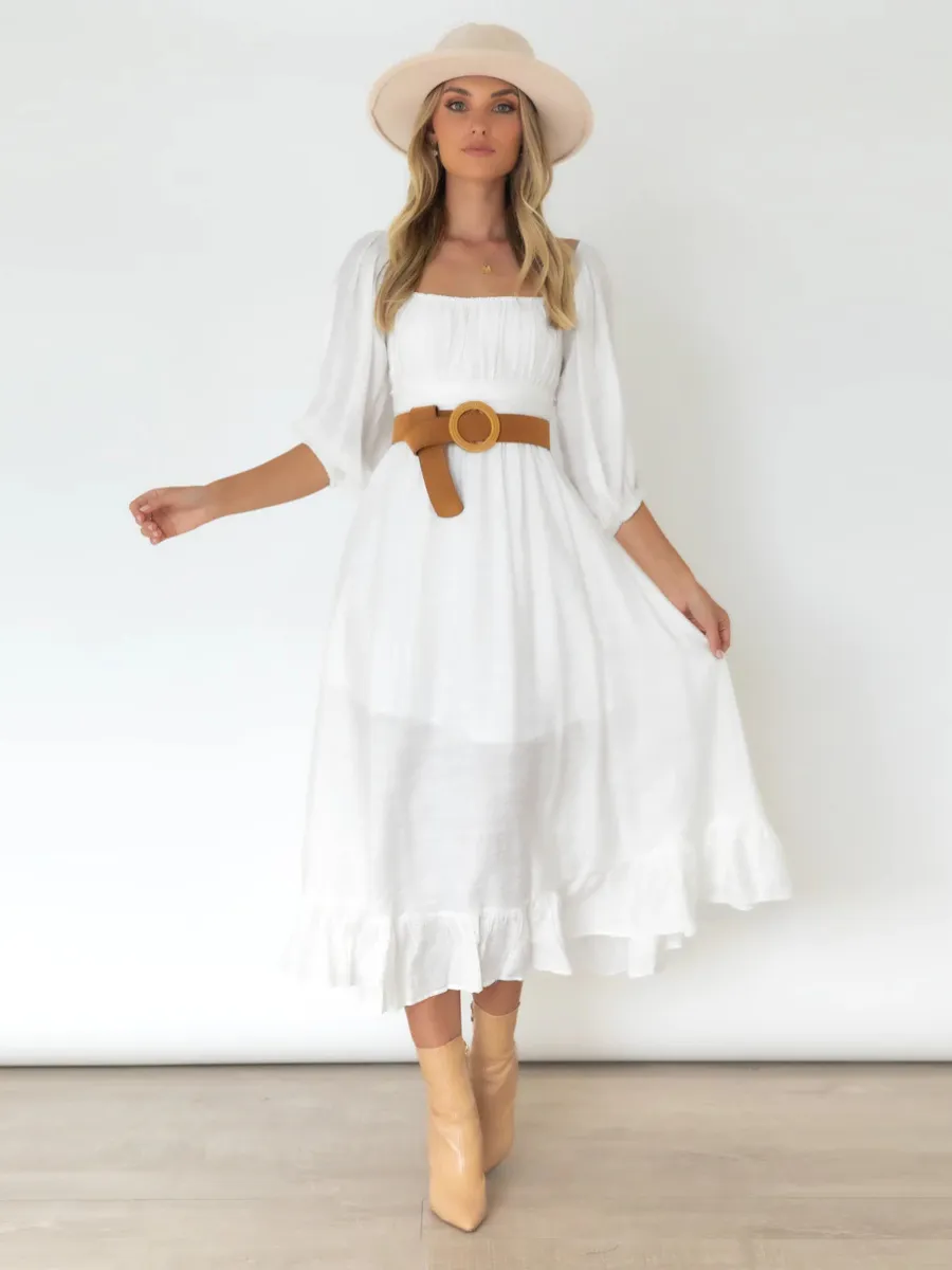 Under The Tuscan Back Tie Bow Puff Sleeve Mid Dress - White