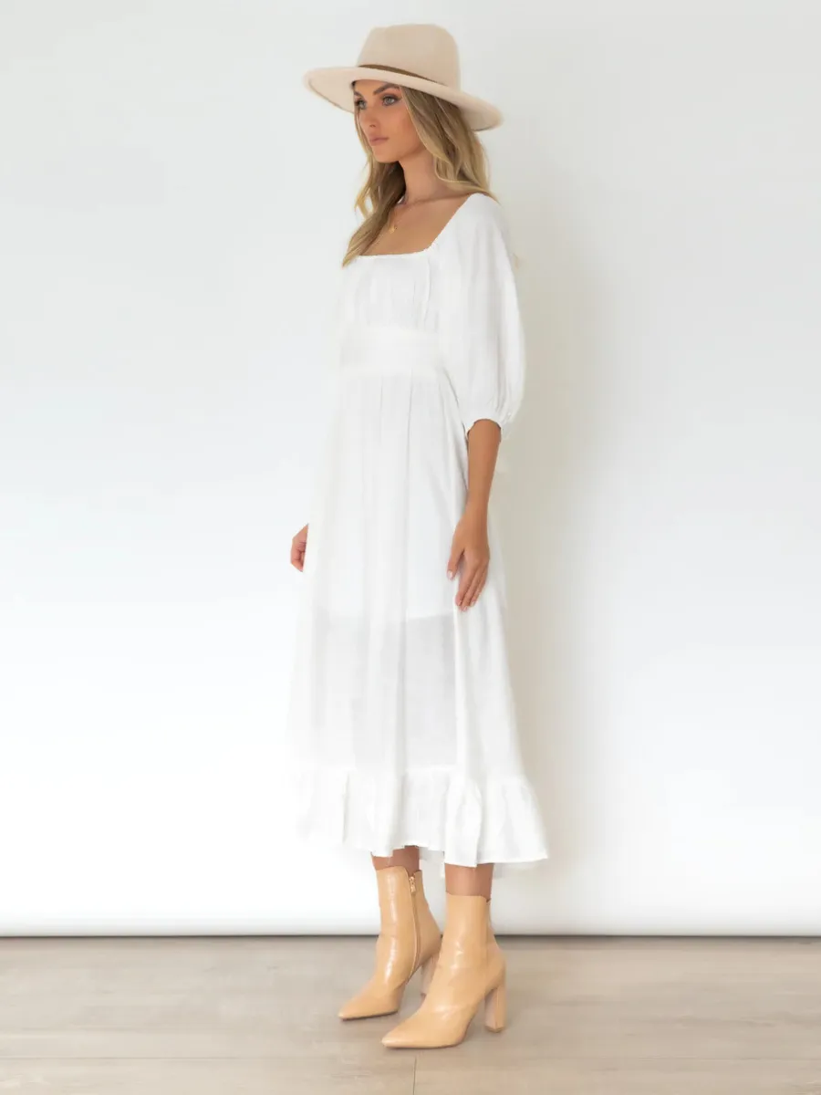 Under The Tuscan Back Tie Bow Puff Sleeve Mid Dress - White