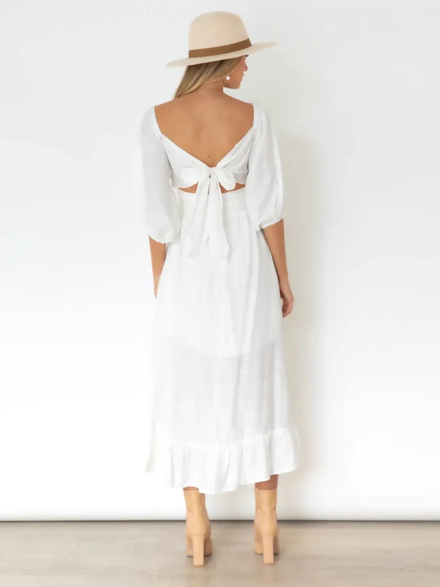 Under The Tuscan Back Tie Bow Puff Sleeve Mid Dress - White