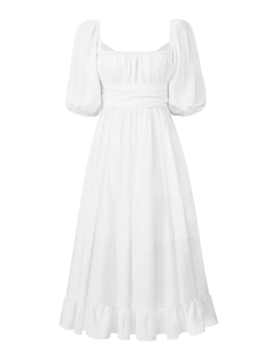 Under The Tuscan Back Tie Bow Puff Sleeve Mid Dress - White