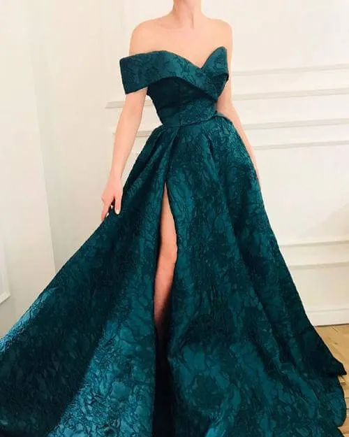 Unique Dark Green A-line Cap Sleeves Prom Dresses, Evening Dress with Slit, SP699