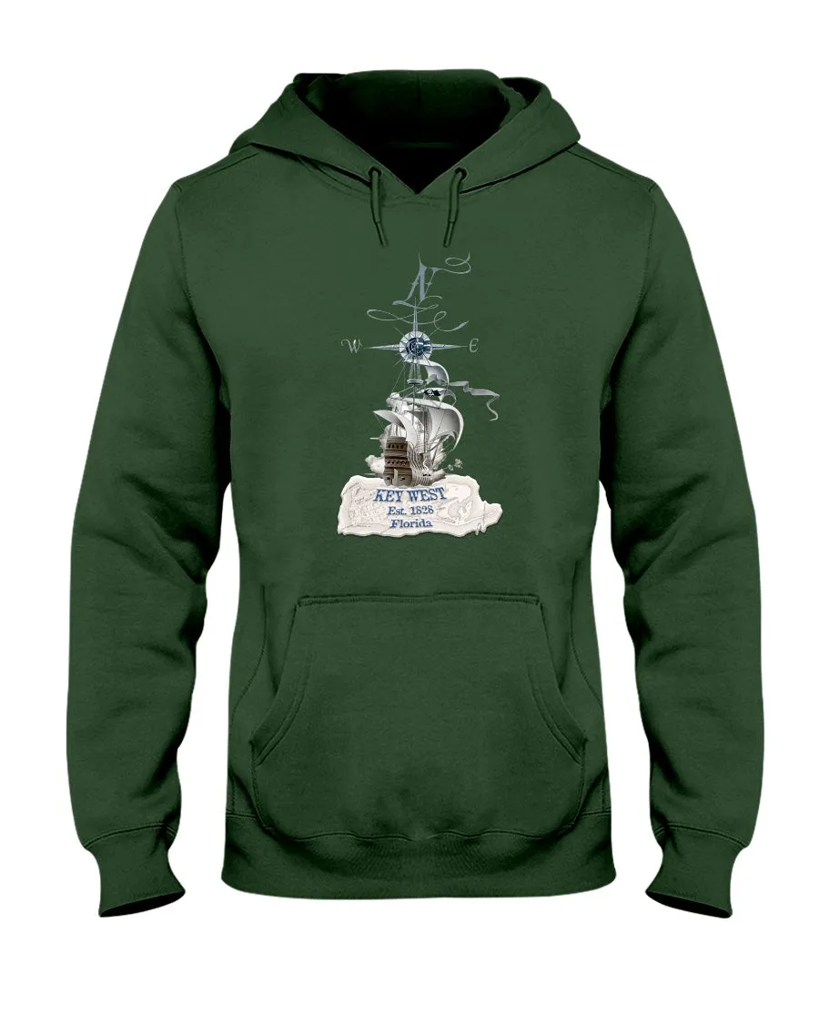 Unisex Key West Florida Fleece Hoodie Pirate Ship 1828 Vintage Map