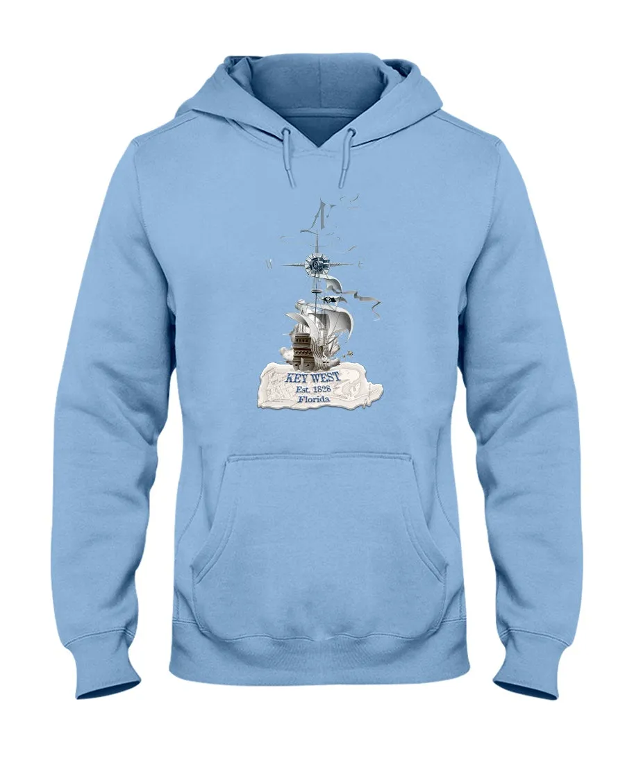 Unisex Key West Florida Fleece Hoodie Pirate Ship 1828 Vintage Map