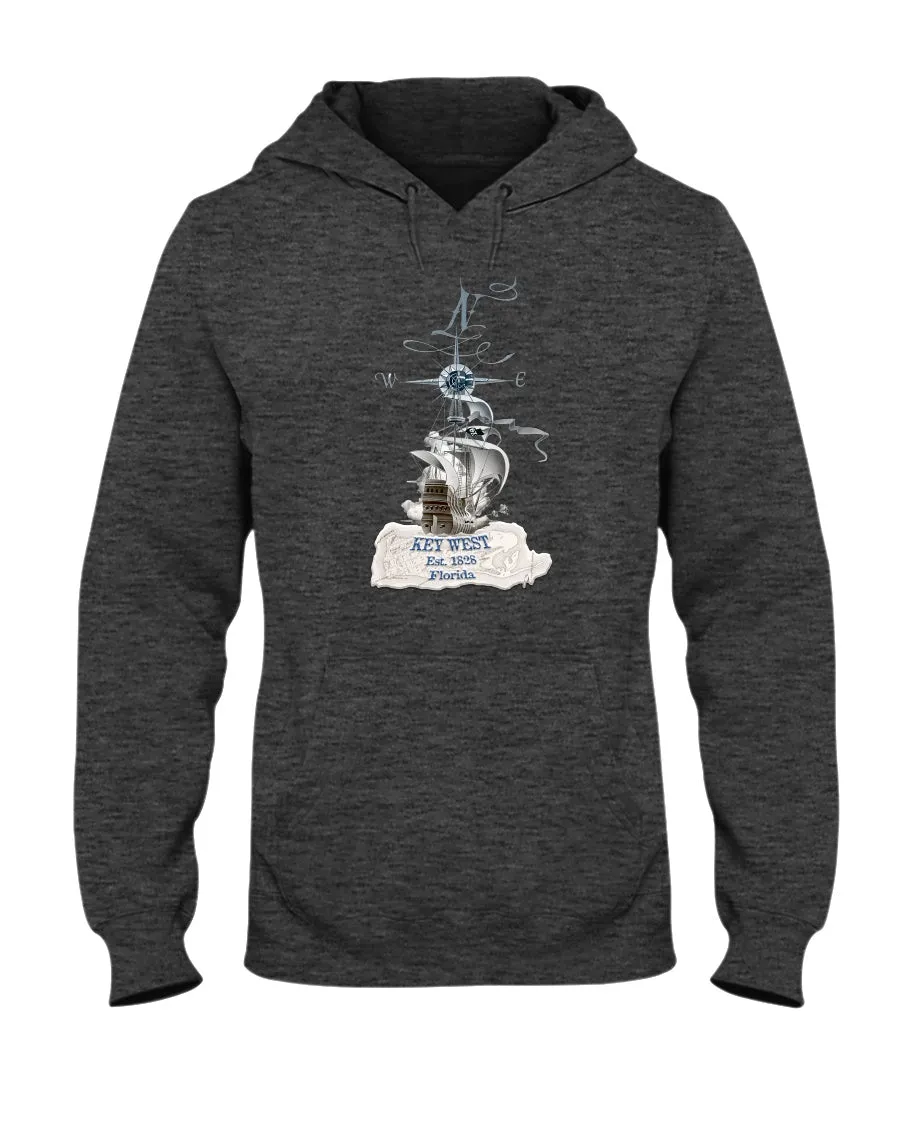 Unisex Key West Florida Fleece Hoodie Pirate Ship 1828 Vintage Map