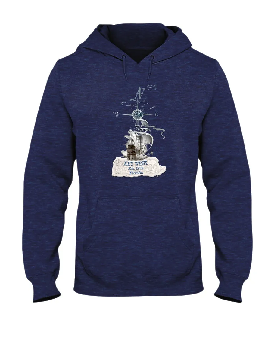 Unisex Key West Florida Fleece Hoodie Pirate Ship 1828 Vintage Map