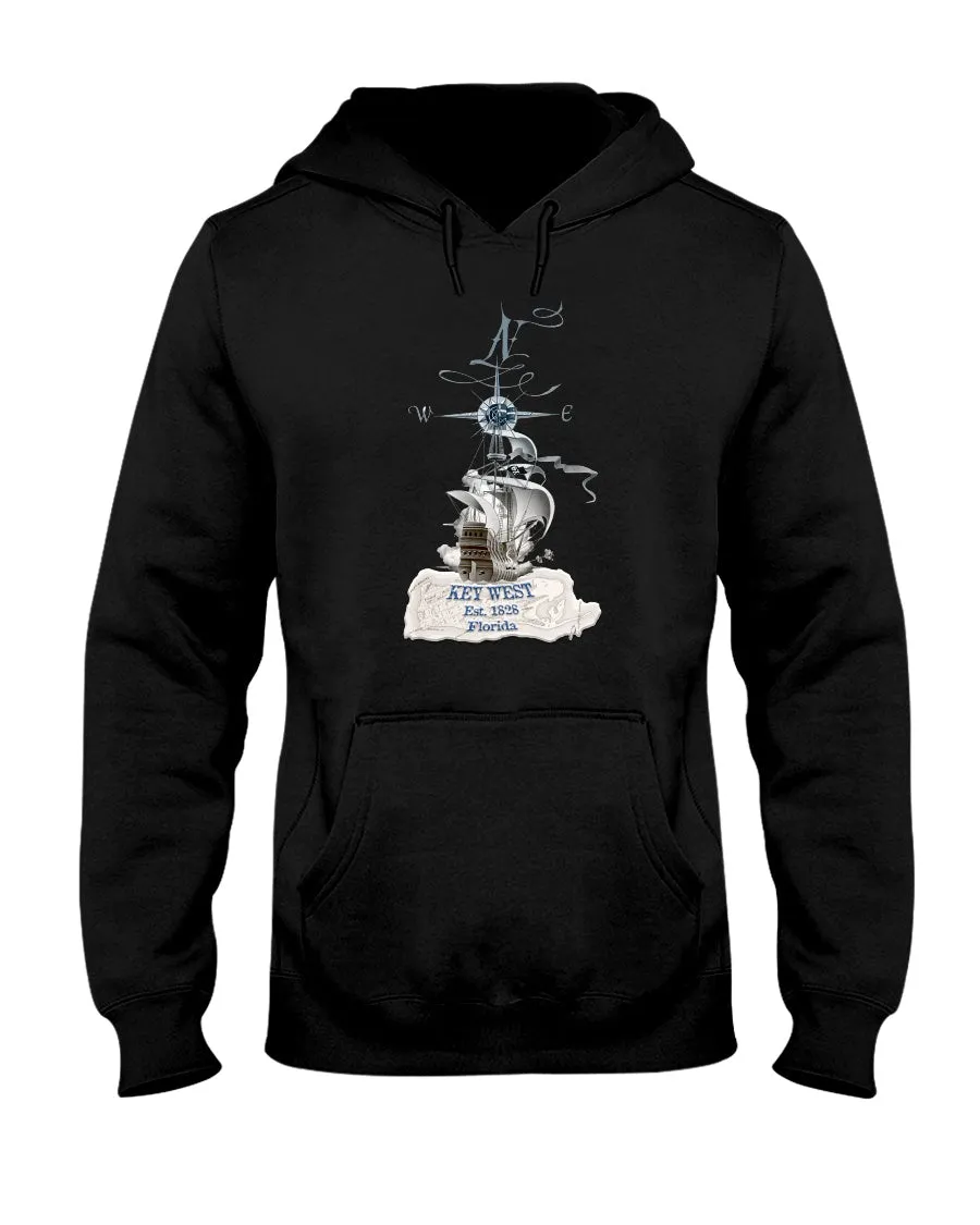 Unisex Key West Florida Fleece Hoodie Pirate Ship 1828 Vintage Map