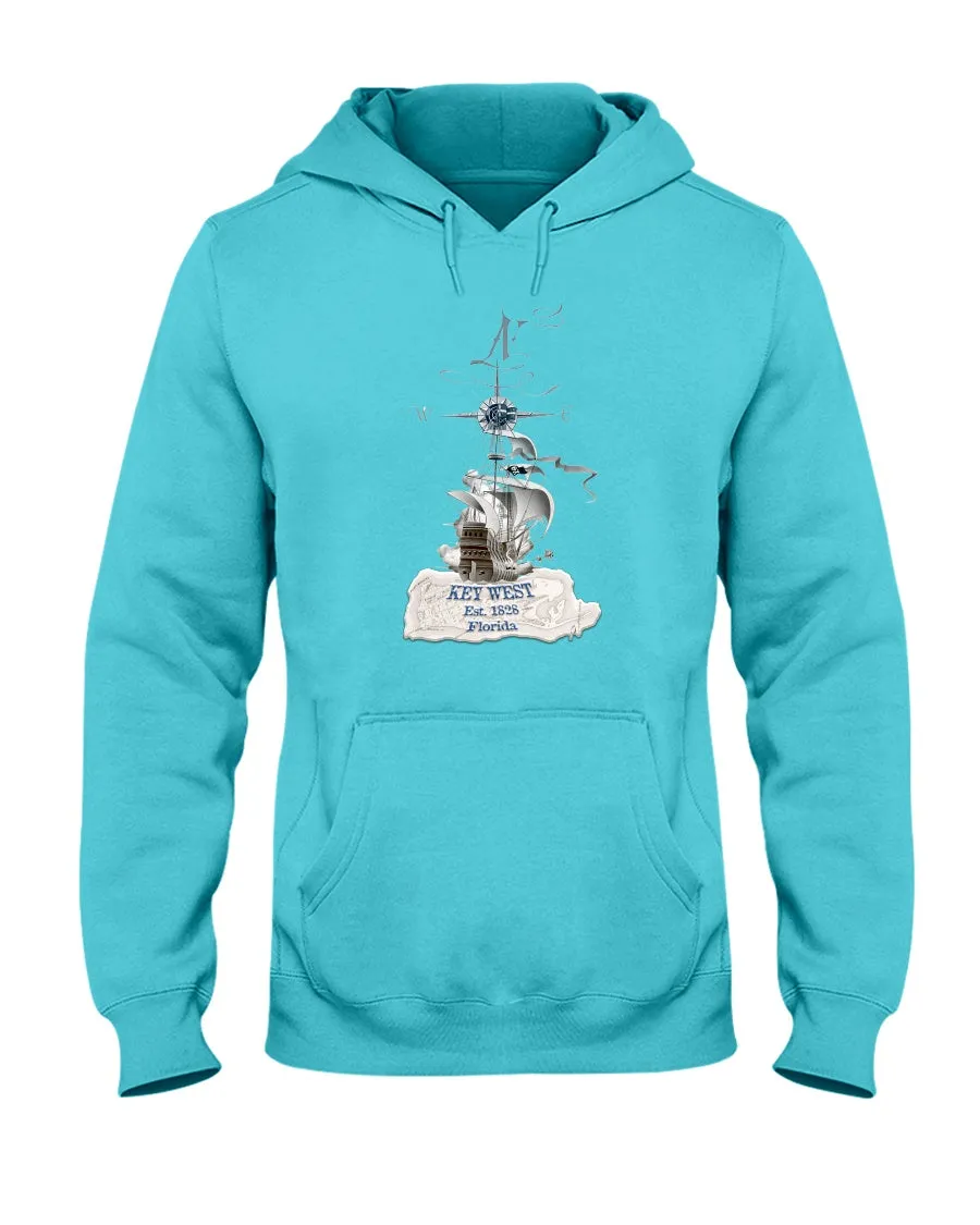 Unisex Key West Florida Fleece Hoodie Pirate Ship 1828 Vintage Map