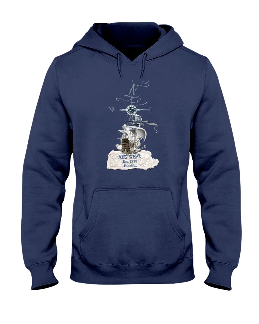 Unisex Key West Florida Fleece Hoodie Pirate Ship 1828 Vintage Map