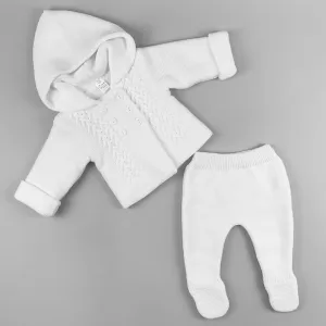 Unisex White Knitted Baby Outfit - Jacket with Hood