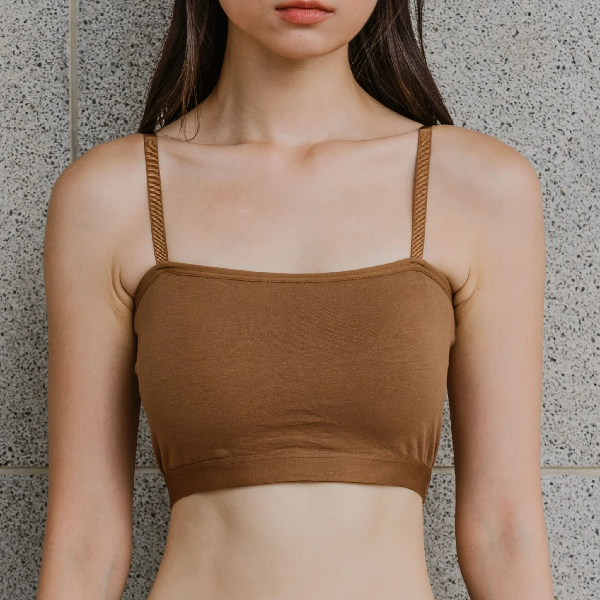 Urban Edge! Mini-Crop Cami Bra Top (Solid Cotton) in Creme Espresso