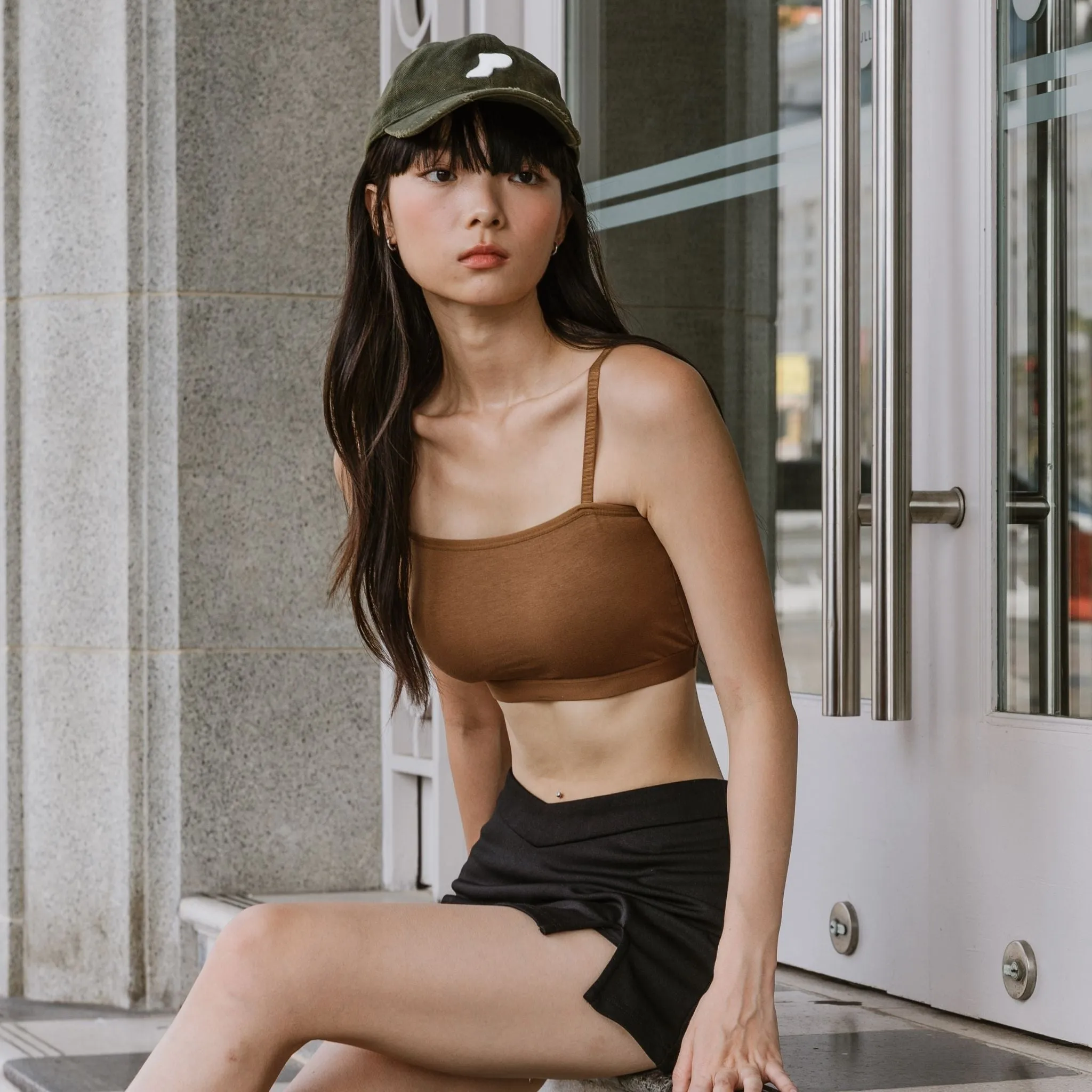 Urban Edge! Mini-Crop Cami Bra Top (Solid Cotton) in Creme Espresso