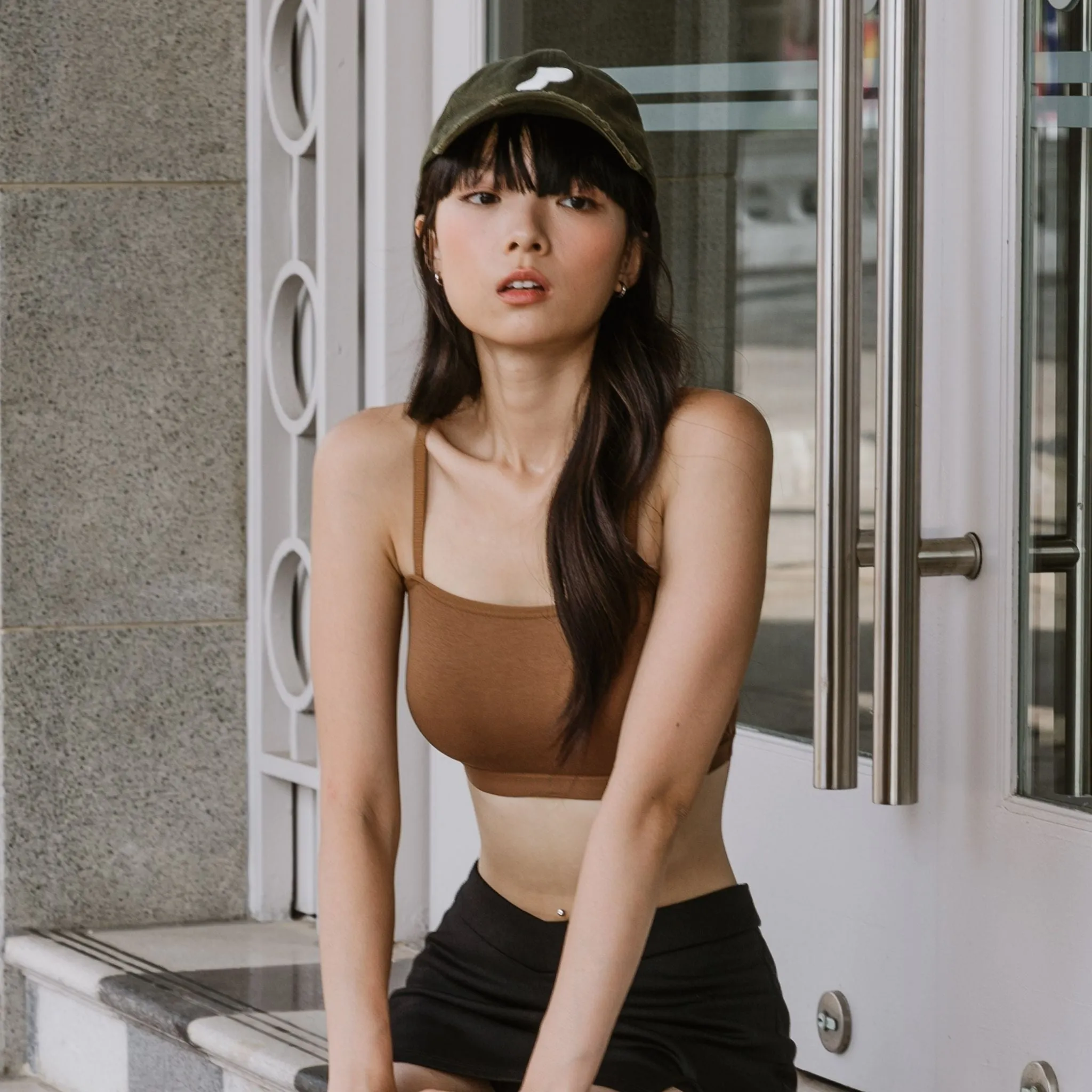 Urban Edge! Mini-Crop Cami Bra Top (Solid Cotton) in Creme Espresso