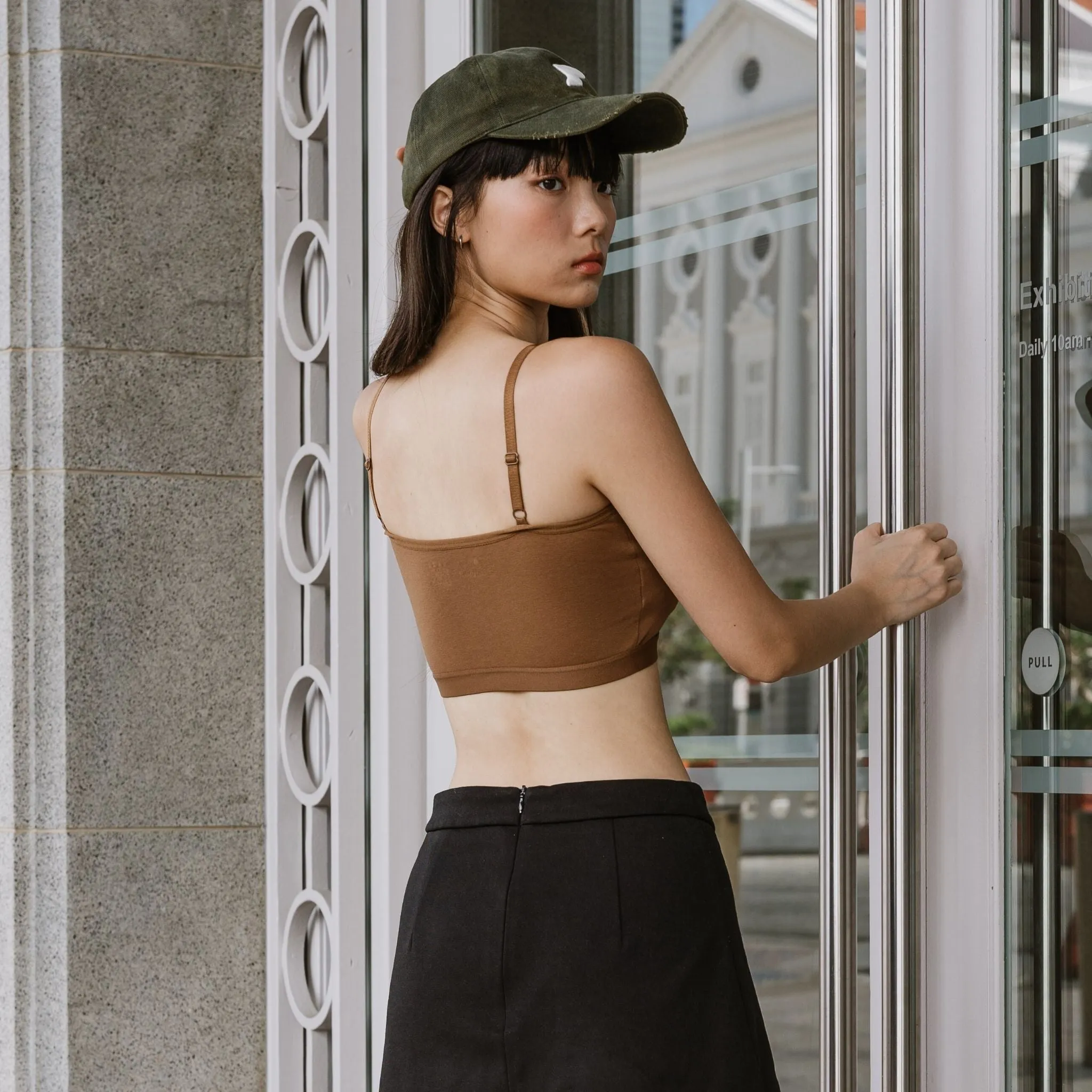Urban Edge! Mini-Crop Cami Bra Top (Solid Cotton) in Creme Espresso