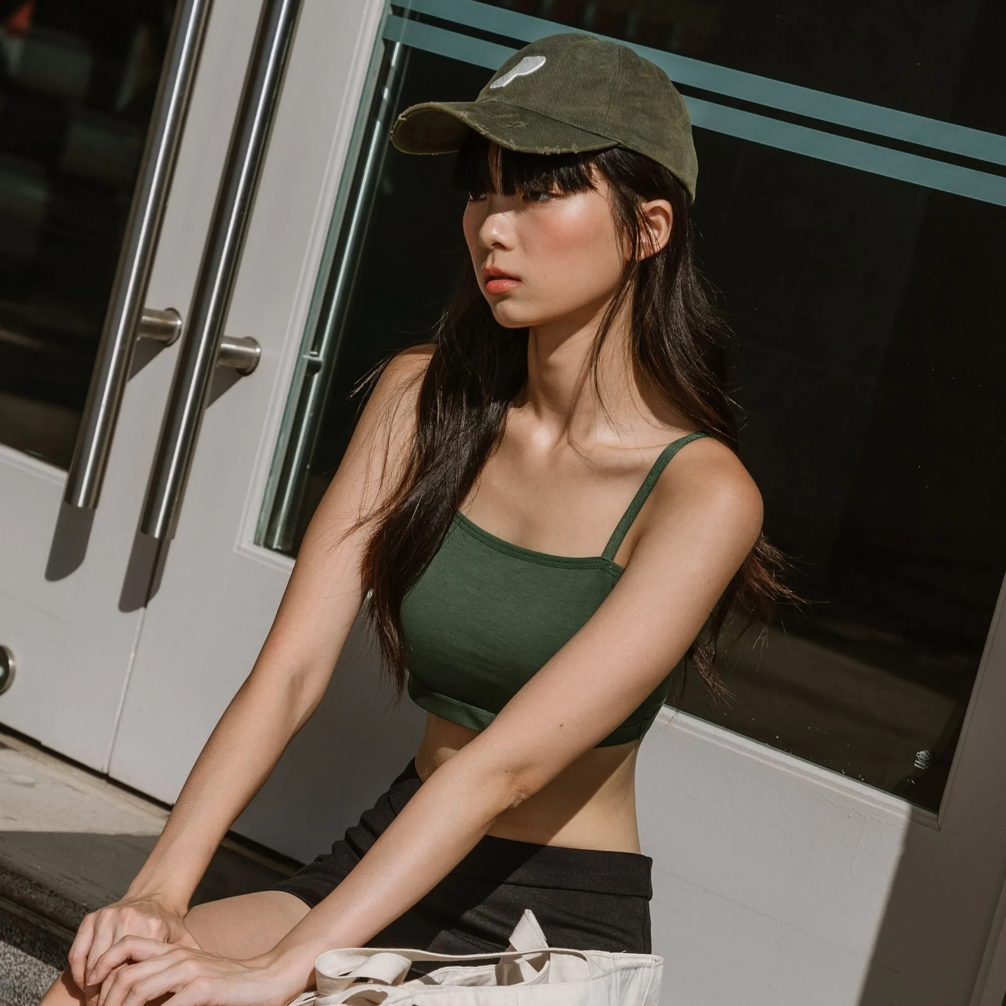 Urban Edge! Mini-Crop Cami Bra Top (Solid Cotton) in Creme Matcha