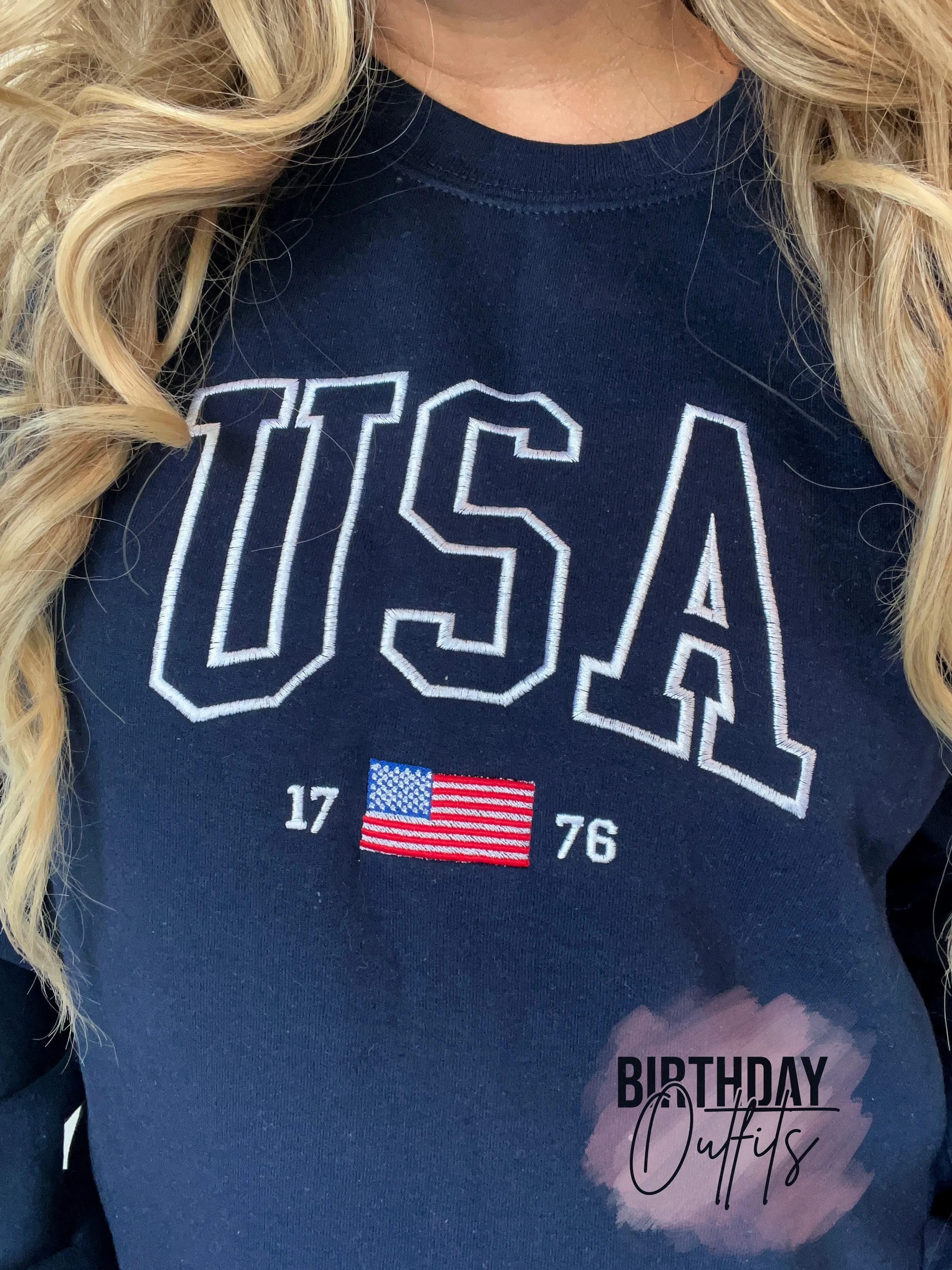 USA Embroidered Varsity Crewneck Sweatshirt, 4th of July Matching Embroidered, Independence Day Red White and Blue United States America