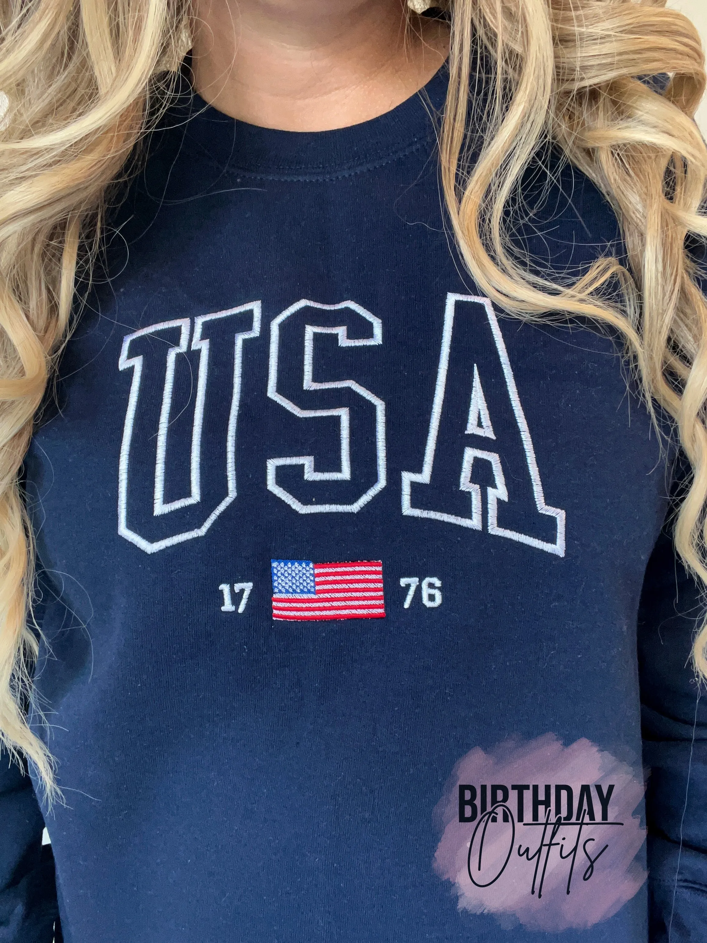 USA Embroidered Varsity Crewneck Sweatshirt, 4th of July Matching Embroidered, Independence Day Red White and Blue United States America