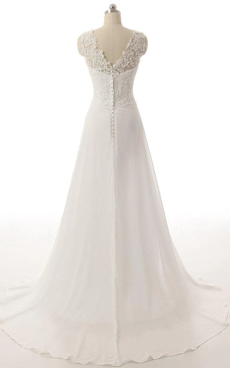 V-Neck Brush Train Lace and Chiffon A-Line Wedding Dress-713930