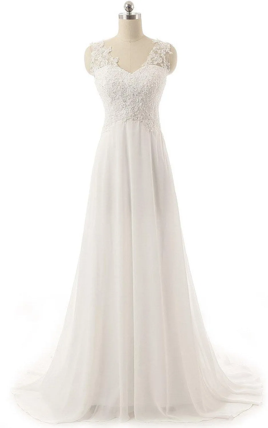 V-Neck Brush Train Lace and Chiffon A-Line Wedding Dress-713930