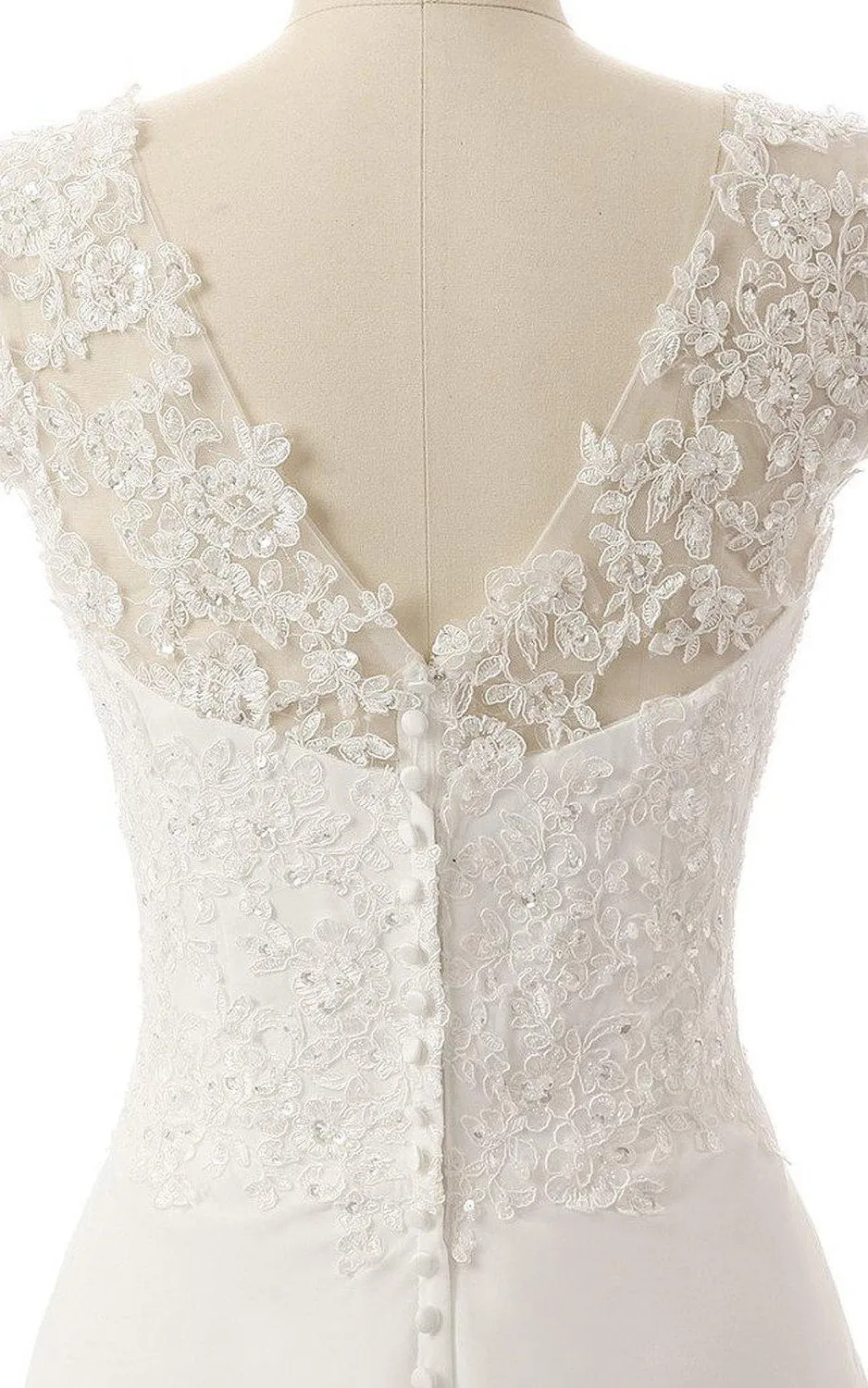 V-Neck Brush Train Lace and Chiffon A-Line Wedding Dress-713930