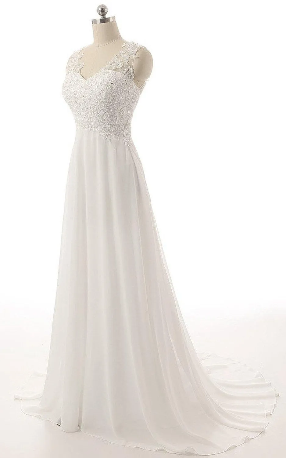 V-Neck Brush Train Lace and Chiffon A-Line Wedding Dress-713930