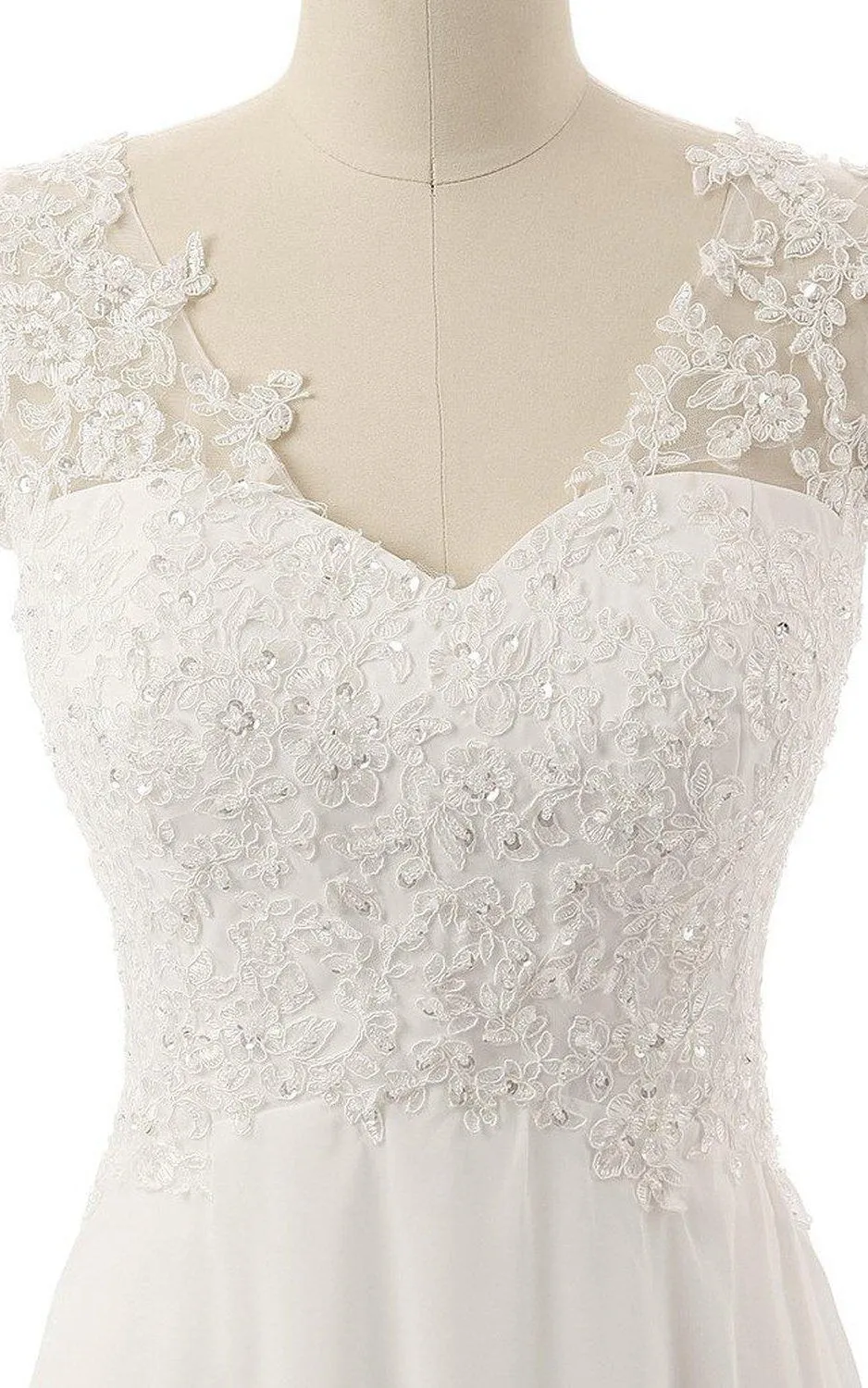 V-Neck Brush Train Lace and Chiffon A-Line Wedding Dress-713930