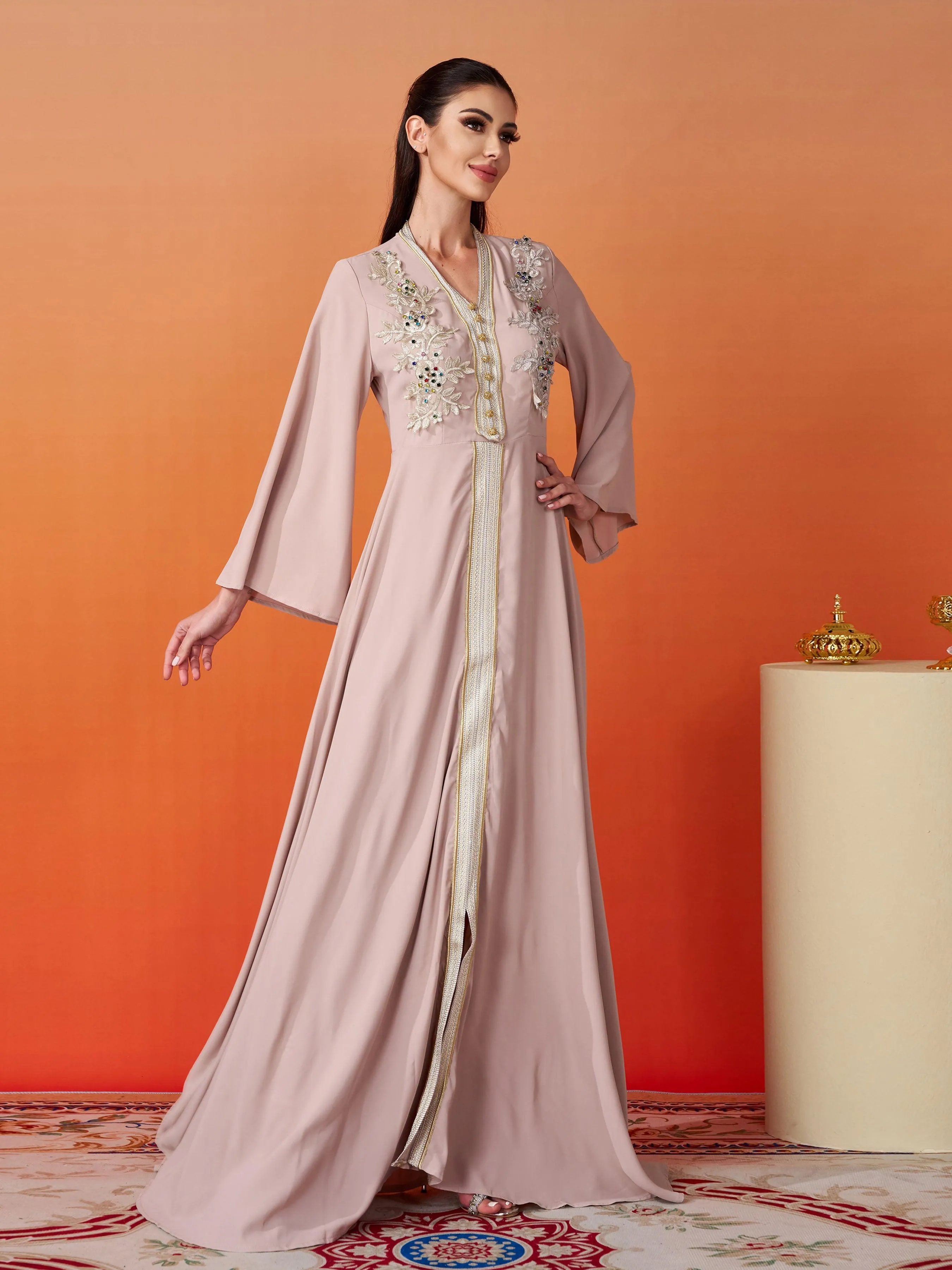 V-neck Flower Embroidery A-line Maxi Dress MES00424