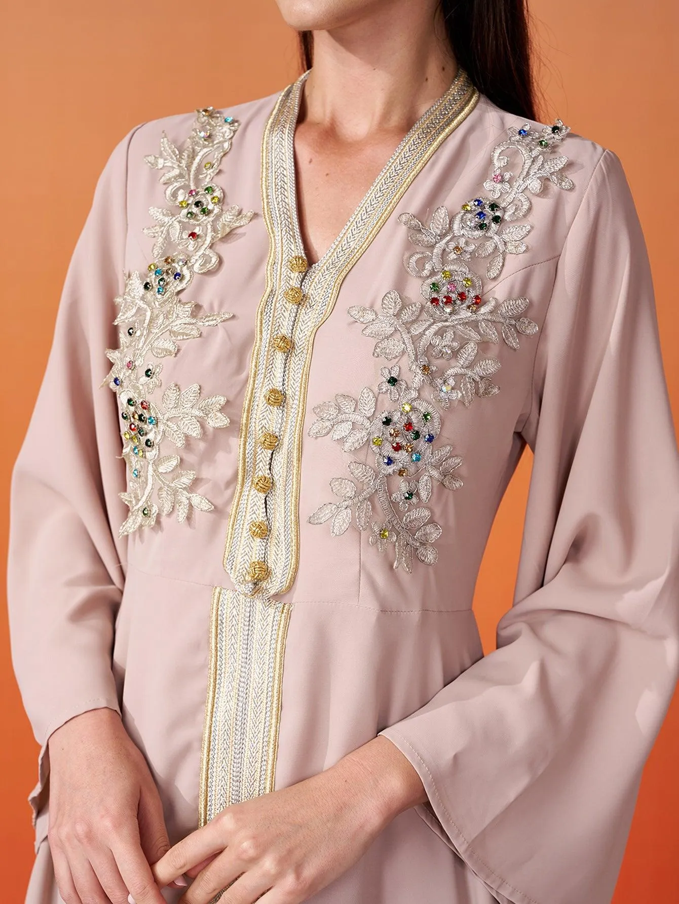 V-neck Flower Embroidery A-line Maxi Dress MES00424