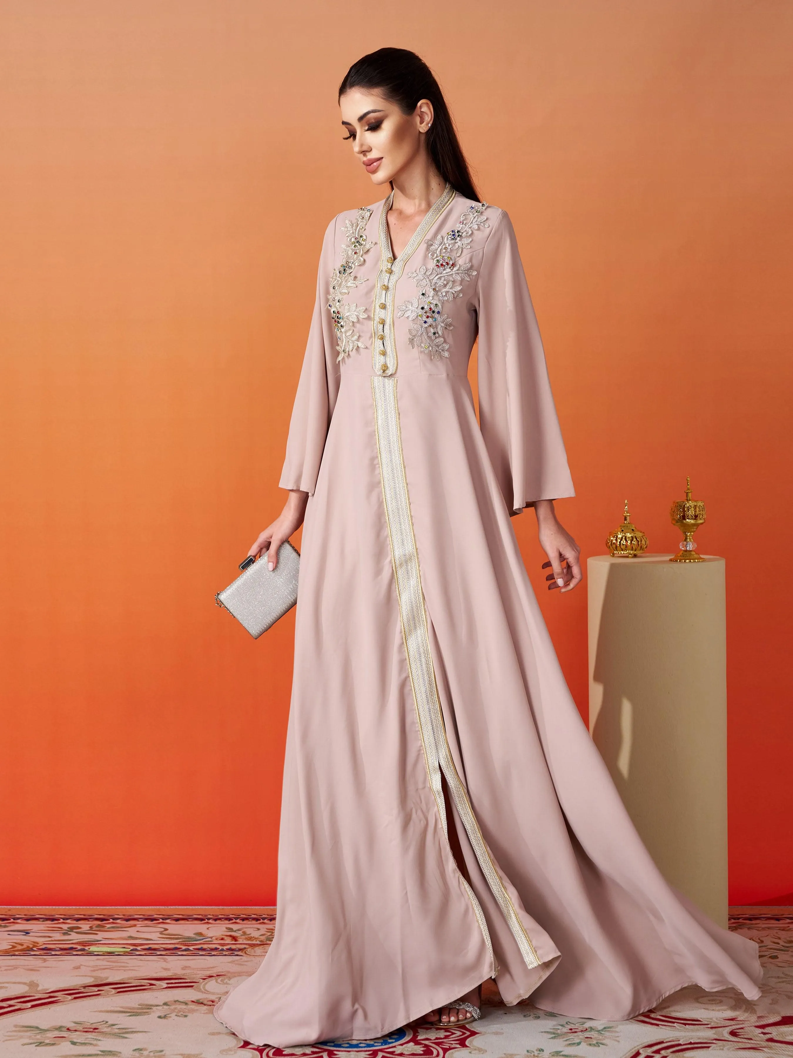 V-neck Flower Embroidery A-line Maxi Dress MES00424