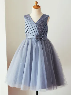 V-Neck Satin Fabric Sleeveless Short Princess Sash Kids Party Dresses