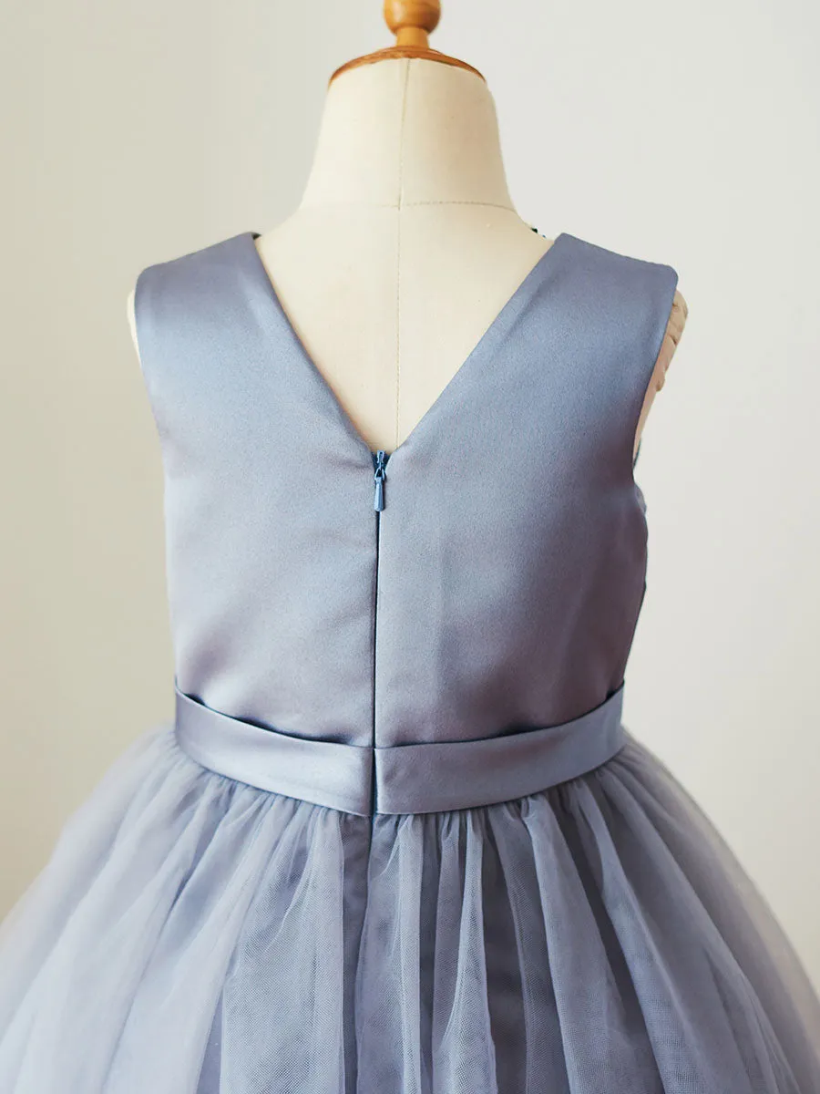 V-Neck Satin Fabric Sleeveless Short Princess Sash Kids Party Dresses