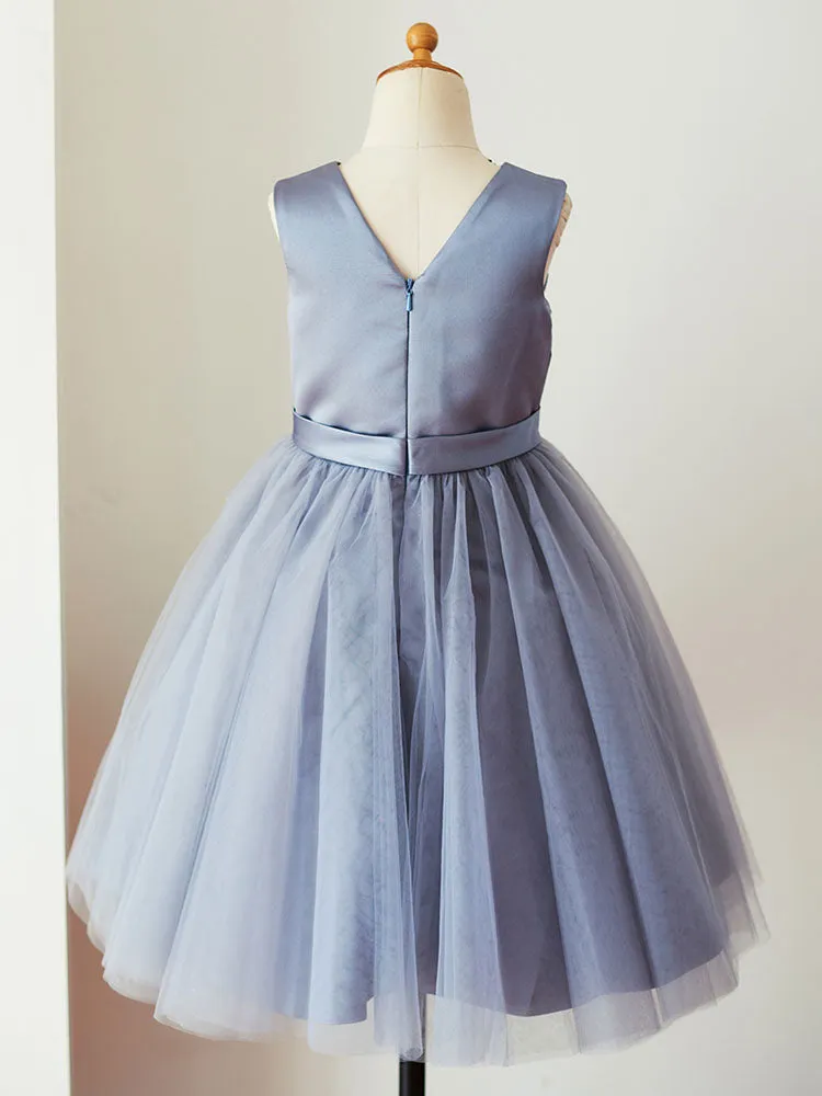 V-Neck Satin Fabric Sleeveless Short Princess Sash Kids Party Dresses