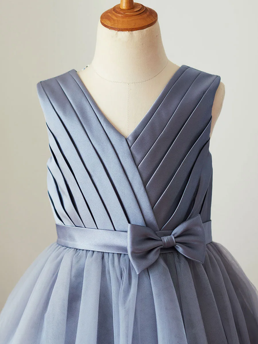 V-Neck Satin Fabric Sleeveless Short Princess Sash Kids Party Dresses