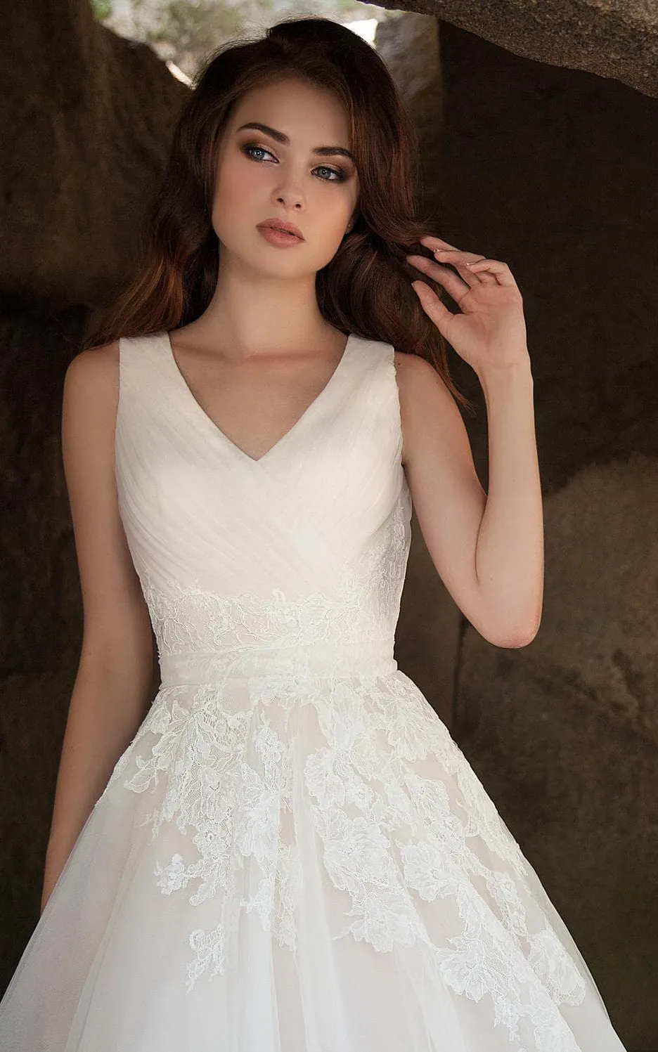 V-Neck Sleeveless Deep-V-Back A-Line Tulle Dress With Ruching and Appliques-714635