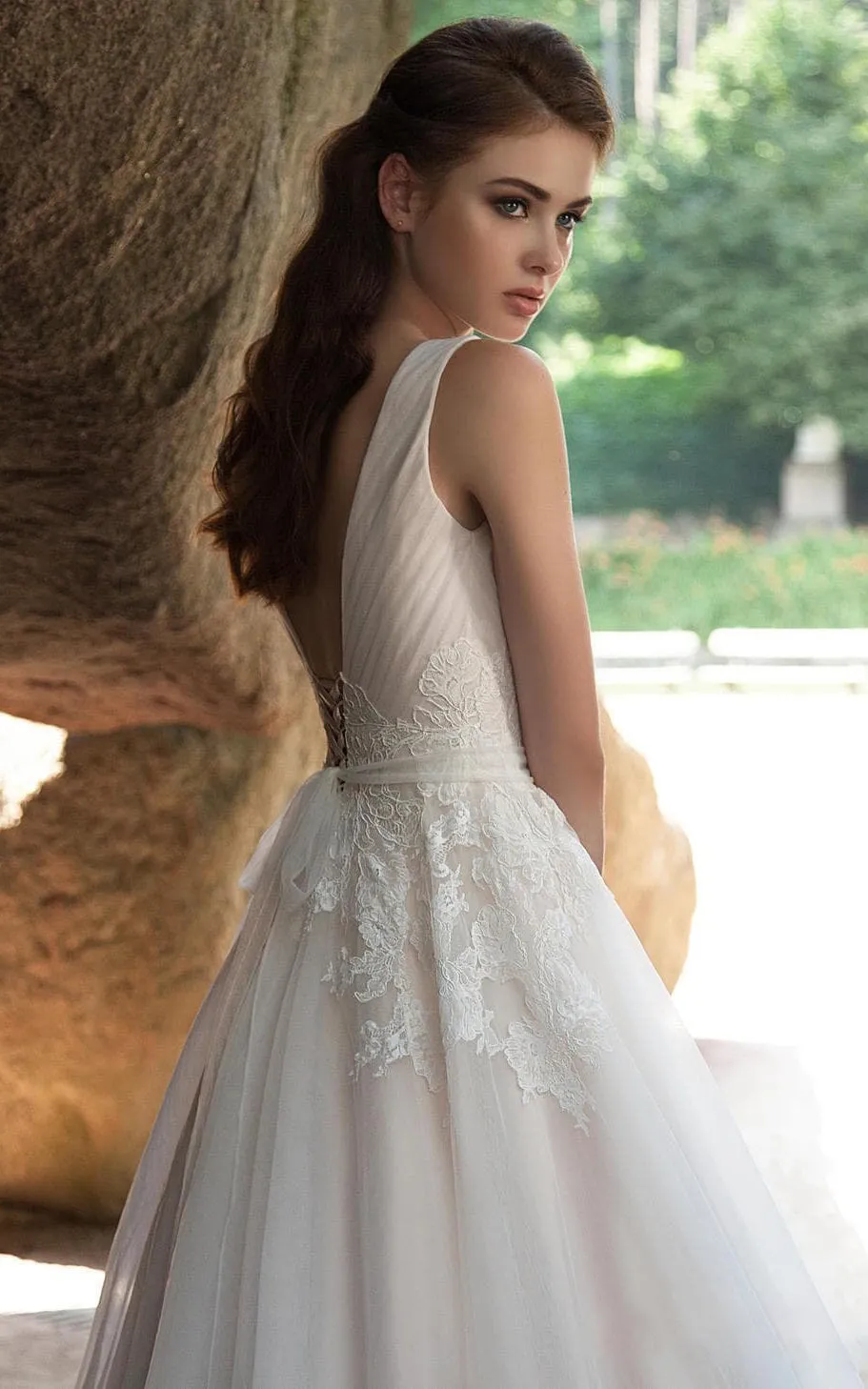 V-Neck Sleeveless Deep-V-Back A-Line Tulle Dress With Ruching and Appliques-714635