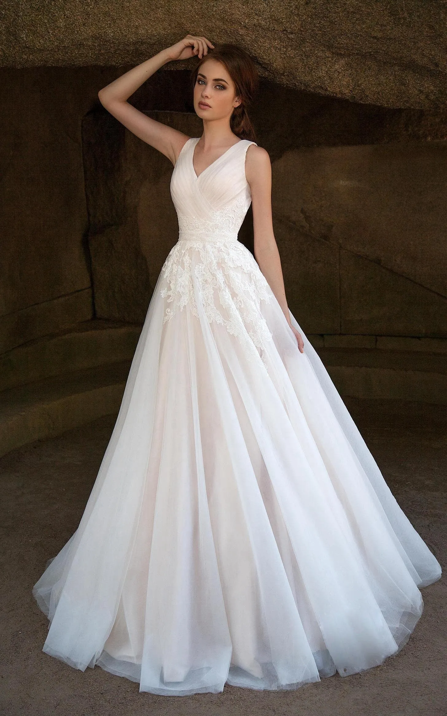 V-Neck Sleeveless Deep-V-Back A-Line Tulle Dress With Ruching and Appliques-714635