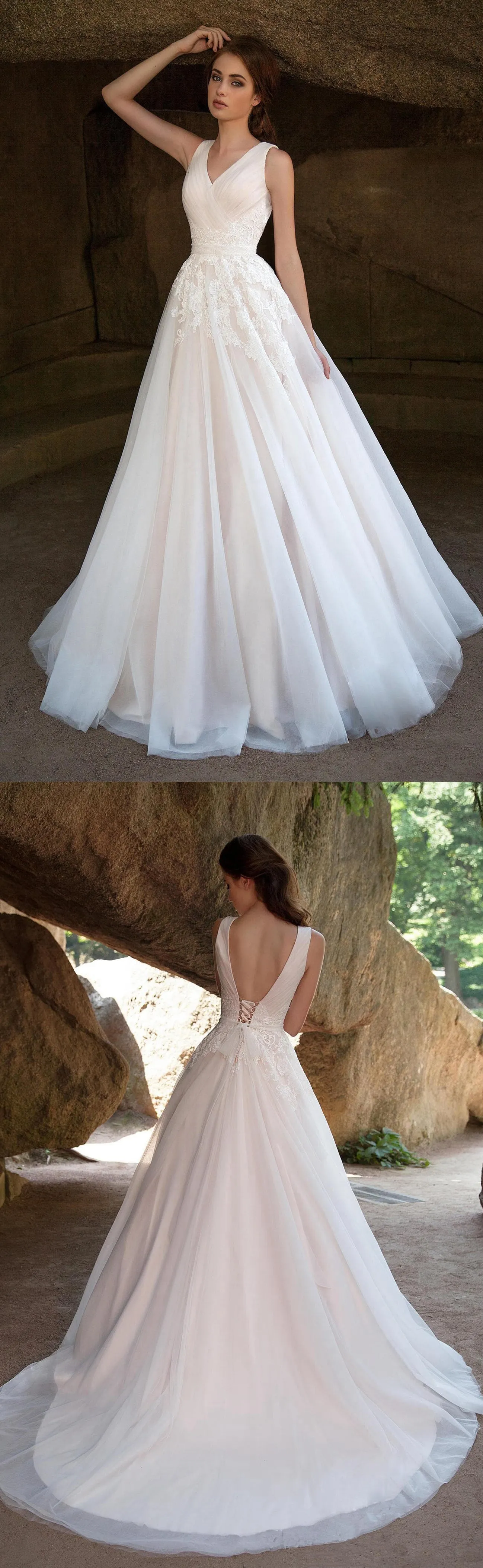 V-Neck Sleeveless Deep-V-Back A-Line Tulle Dress With Ruching and Appliques-714635