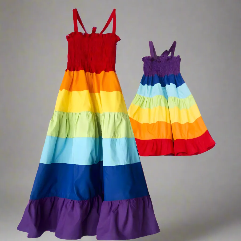Vibrant Rainbow Maxi Dress Set for Mom and Daughter  Colorful Summer Matching Outfits