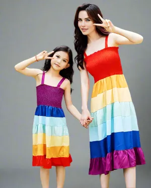 Vibrant Rainbow Maxi Dress Set for Mom and Daughter  Colorful Summer Matching Outfits