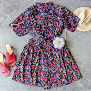 Vintage Black Pink Purple Floral Tie Waist Top and Flowy Shorts Set large