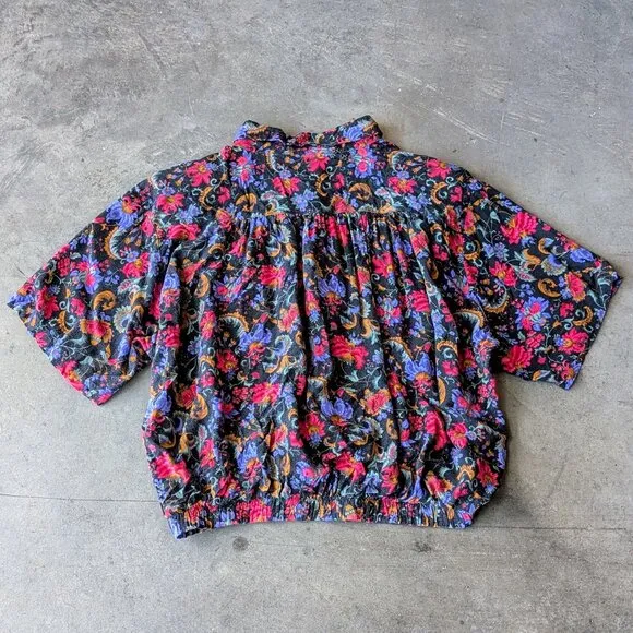 Vintage Black Pink Purple Floral Tie Waist Top and Flowy Shorts Set large